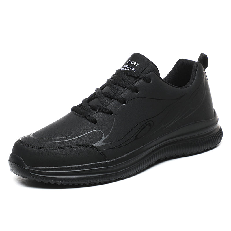 Men's Large Size Leather Waterproof Casual Running Black Sports Shoes