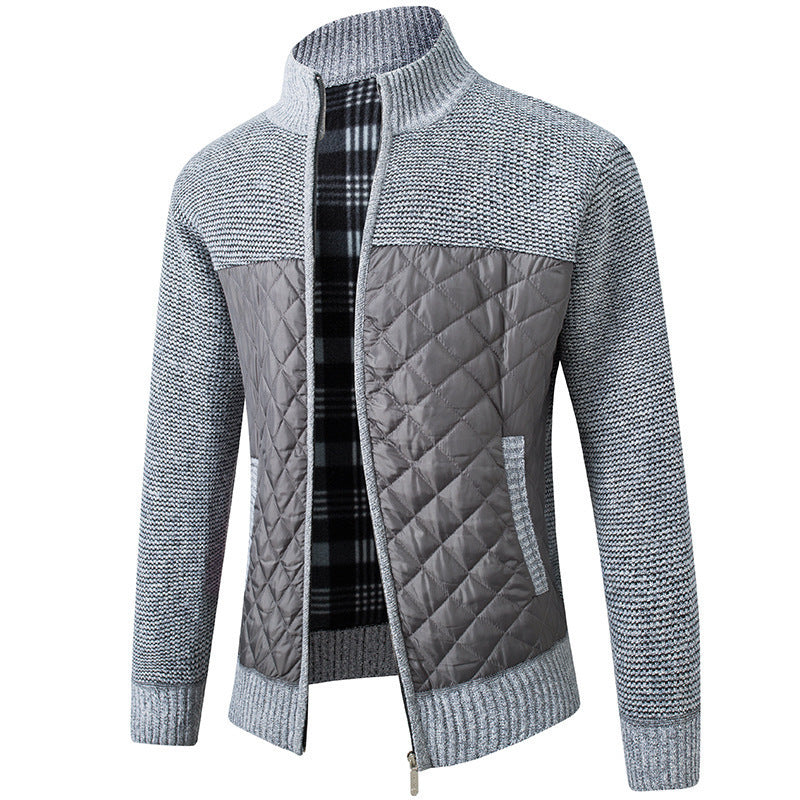 2024 Men's Stand Collar Striped Plaid Zipper Plus Velvet Fashionable Color Block Warm Knitted Jacket