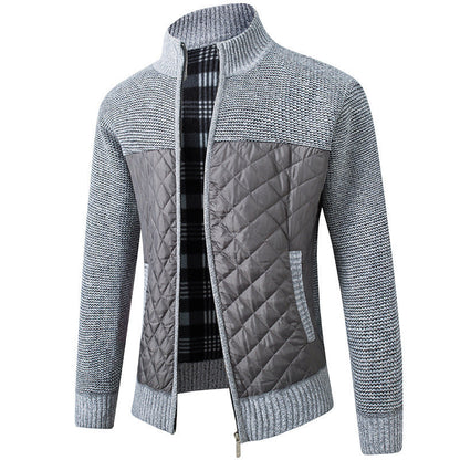 2024 Men's Stand Collar Striped Plaid Zipper Plus Velvet Fashionable Color Block Warm Knitted Jacket