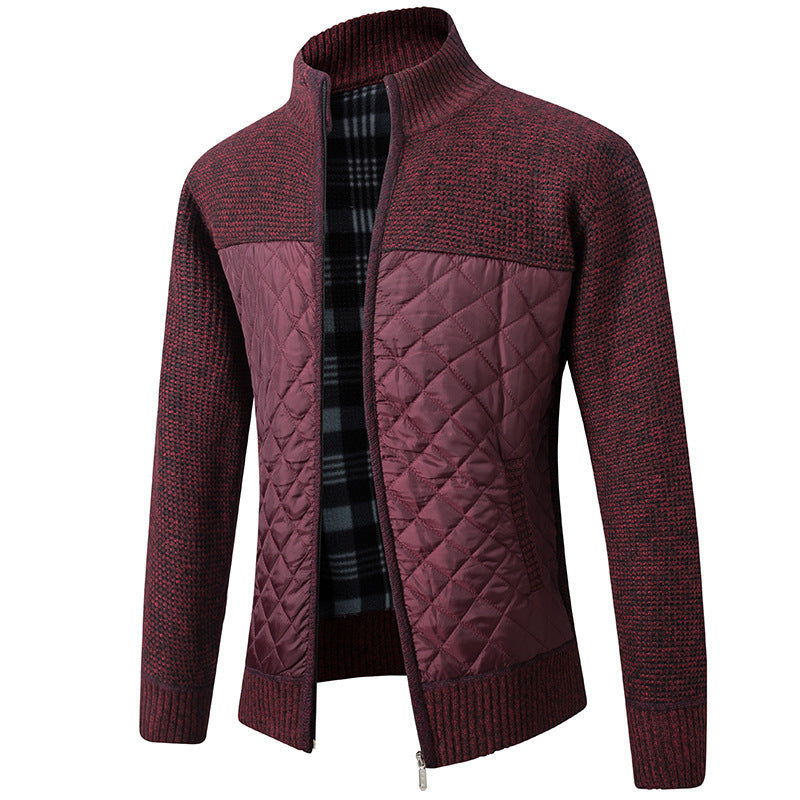 2024 Men's Stand Collar Striped Plaid Zipper Plus Velvet Fashionable Color Block Warm Knitted Jacket